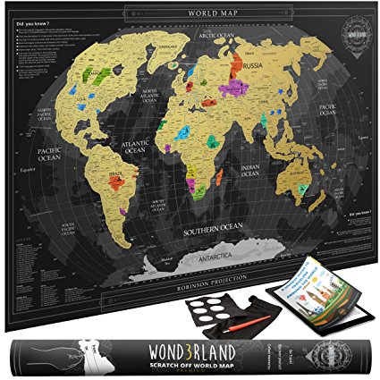 Travel Scratch Off Map of the World with outlined US States | Gold Personalized Wall Map Poster | Deluxe Gift for Travelers | BONUS Adhesive Stickers   Scratching Tool   Wiping Cloth   Traveling eBook
