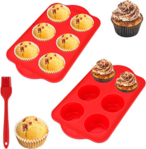 WIOR 2 PCs Silicone Muffin Pan with Oil Brush, 6-Cup Non-Stick Muffin Tin with Reinforced Stainless Steel Frame and Ergonomic Grips, Jumbo Texas Muffin Tray for Cupcake Bun Custard Tart Baking - Red