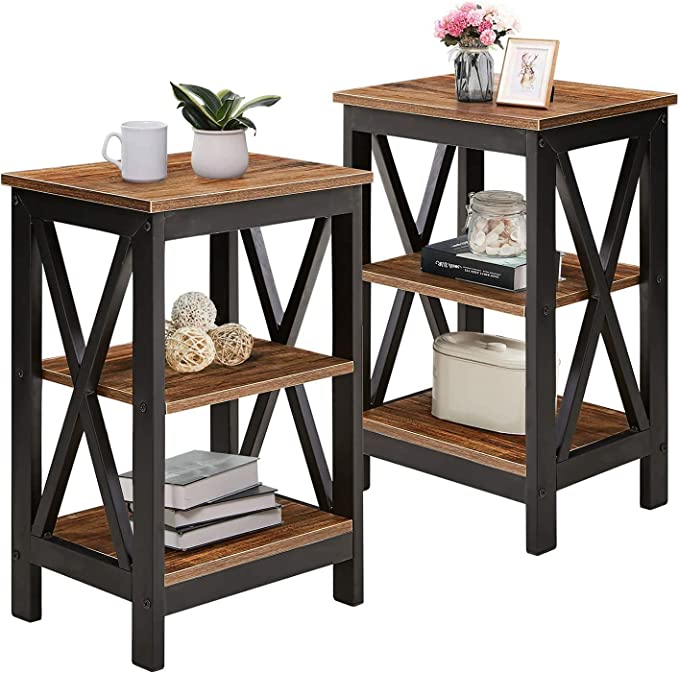 VECELO End Side Table with Storage Shelf Nightstands for Living Room,Bedroom Furniture,Shelves,Brown(Set of 2)