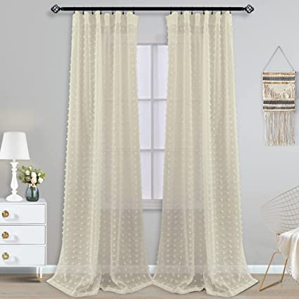 Natural Back Tab Rod Pocket Pom Pom Sheer Curtains for Bedroom 52x96 Inches Long