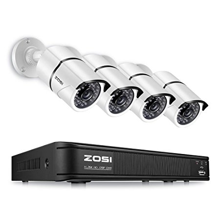 ZOSI 8-Channel HD-TVI 1080p Lite Security Camera System 4in1 DVR with 4PCS 1280TVL(720p) ,100ft(30M) Night Vision Weatherproof Outdoor/Indoor Surveillance CCTV Bullet Camera