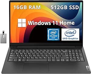 Lenovo V15 G2 15.6" FHD Anti-Glare Business Laptop, Intel Celeron N4500, 16GB RAM, 512GB PCIe SSD, Intel UHD Graphics, HD Camera, HD Audio, Wi-Fi, Bluetooth, Windows 11, Black, 32GB Hotface USB Card