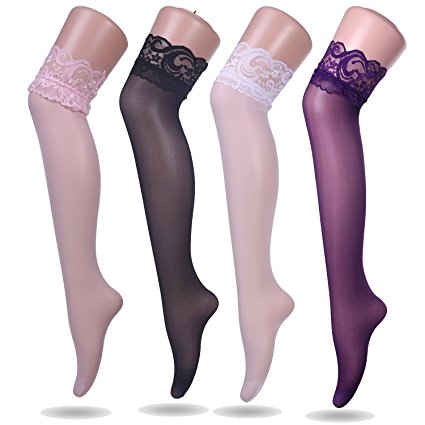 Ruzishun Women's Lace Thigh High Silk Stockings (4 Pairs)