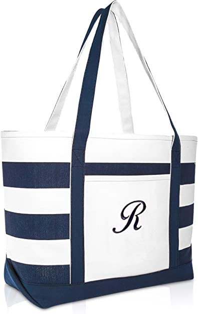 DALIX Premium Beach Bags Striped Navy Blue Zippered Tote Bag Monogrammed A - Z