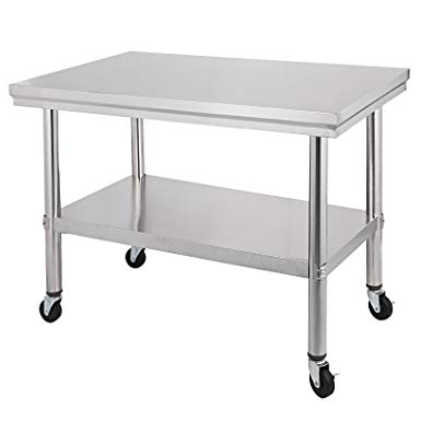 VEVOR Stainless Steel Work Table with Wheels 30x24 Prep Table with casters Heavy Duty Work Table for Commercial Kitchen Restaurant Business Garage Sliver