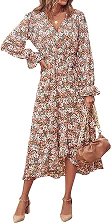 BTFBM Women Long Sleeve Wrap Dress V Neck Boho Floral High Waist Flowy Ruffle 2023 Spring Summer Maxi Dresses with Belt