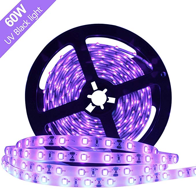 Better Bright 60 Watts UV Black Light LED Strip, 16.4FT/5M 3528 300LEDs 395nm-405nm Waterproof IP65 Blacklight Night Fishing Sterilization Implicitly Party with 12V 5A Power Supply
