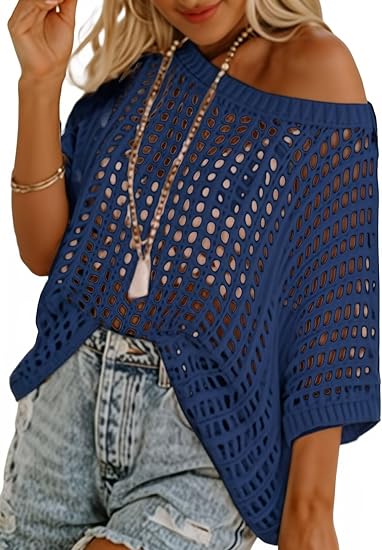 Dokotoo Womens Summer Scoop Neck Short Sleeve Sweater Casual Crochet Hollow Out Knit Tops Pullover Shirts Beach Coverup