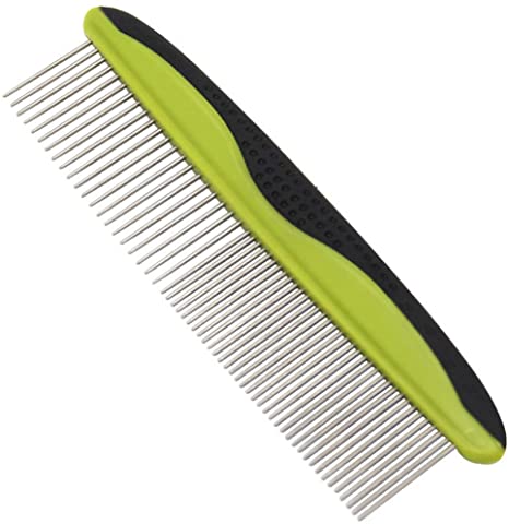 MG  Dog Comb, Cat Comb with Rounded and Smooth Ends Stainless Steel Teeth and Non-Slip Grip Handle, Pet Comb for Long and Short Haired Dogs, Cats and Other Pets (Green)