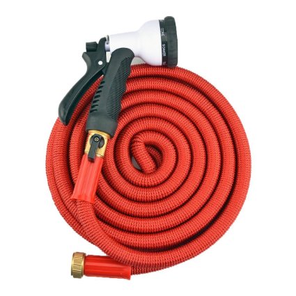 50' Latest Super Expanding Garden Hose, Solid Brass Ends, Double Latex Core, Extra Strength Fabric, 8 Function Spray Nozzle and Shut-off Valve(Black/Red) (50', Red)