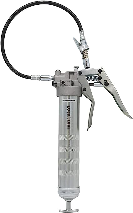 LockNLube Professional Dual-Mode Pistol Grip Grease Gun. Includes LockNLube® Grease Coupler, high-quality 20" hose and in-line hose swivel.