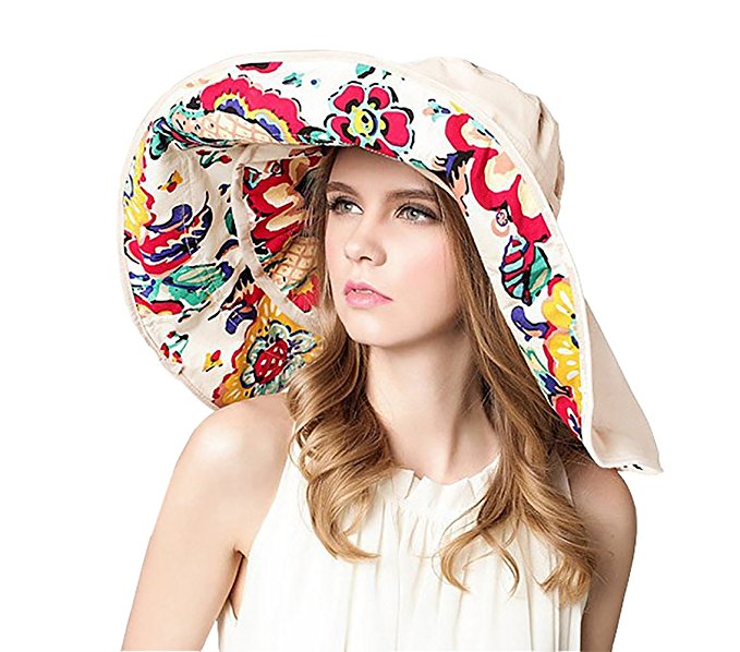 Womens Floppy Beach Hat Wide-brim Packable Sun Hat in Tropical Print