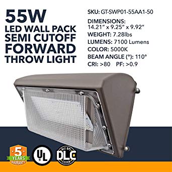 55W DLC LED Wall Pack - 7100 Lumens, LED Powered Outdoor Security Semi Cutoff Wall Pack Lights - Commercial or Industrial Durable Security Lighting - 5000K - UL - 5 Year Warranty