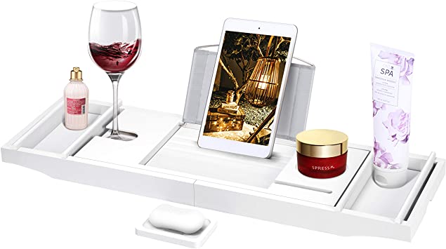 VIVOHOME Expendable Bamboo Bathtub Caddy Tray Bath Accessories with Cellphone Tablet and Wine Book Holder (White)