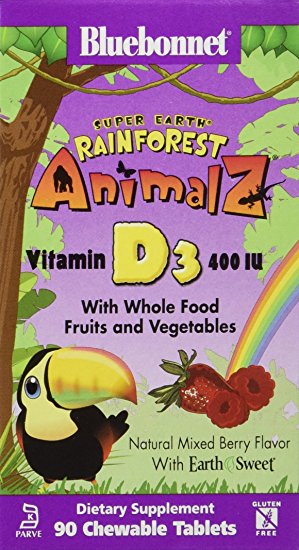 Bluebonnet Super Earth Rainforest Animalz Vitamin D3 400 IU Chews, Mixed Berry, 90 Count