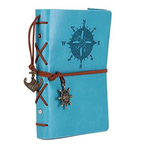 Leather Writing Journal Notebook, EvZ 7 Inches Vintage Nautical Spiral Blank String Daily Notepad Sketchbook Travel to Write in, Unlined Paper, Retro Pendants, Classic Embossed, Sky Blue