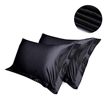 Hootech 2Pcs Satin Silk Pillow Cases Soft Cushion Covers Mutiple Colors black Queen Size