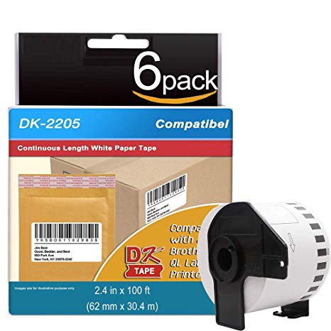 6 Rolls Compatible Brother DK-2205 Continuous Length Paper Tape Labels for 62mm x 30.48m (2-3/7" x 100") Plus 1 Reusable Frame for QL-500 QL-570 QL-700 QL-710W QL-720NW QL-1060N Printer