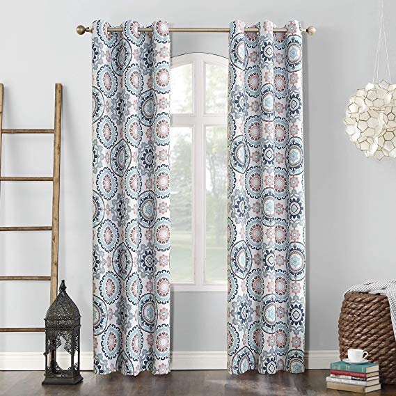 Sun Zero Nepal Global Medallion Print Blackout Grommet Curtain Panel, Stone, 40" x 63"