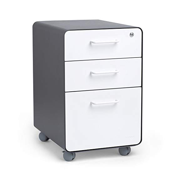 Poppin Charcoal   White Stow Rolling 3-Drawer File Cabinet, Available in 10 Colors, Legal/Letter