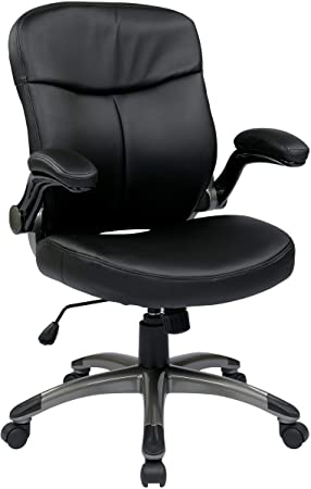 Office Star Mid Back Bonded Leather Executives Chair with Padded Flip Arms and Titanium Coated Accents, Black