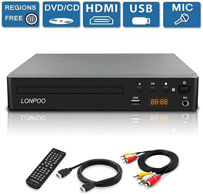 LONPOO All Region Free DVD Player,Compact HD DVD CD Player for TV with HDMI 1080P Upscaling,Built-in PAL/NTSC System, AV Output, USB2.0 Port Input, Mic Port,Not Blu-ray DVD Player