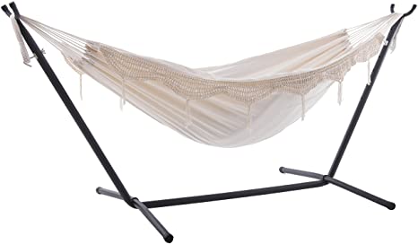 Vivere Double Hammock with Space Saving Steel Stand, Natural (450 lb Capacity - Premium Carry Bag Included)