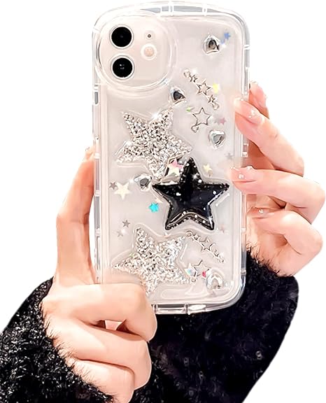 Ownest Compatible for iPhone 11 Cute Glitter 3D Stars Crystal Heart Clear with Design Aesthetic Women Teen Girls Pretty Crystal Sparkle Sparkly Cute Cases Protective Cover-Clear