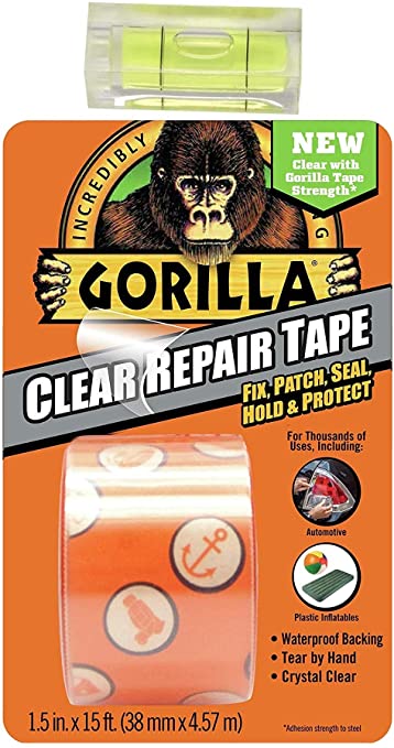 Gorilla 6015002 Tape, Crystal Clear Duct Tape, 1.88” x 5 yd, Clear with Bubble Leveler Tool