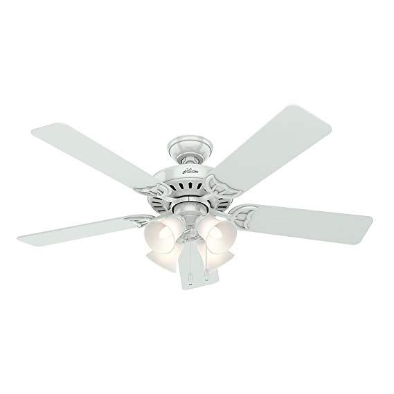 Hunter 53062 Studio Series 52-Inch Ceiling Fan with Five White/Bleached Oak Blades and Light Kit, White