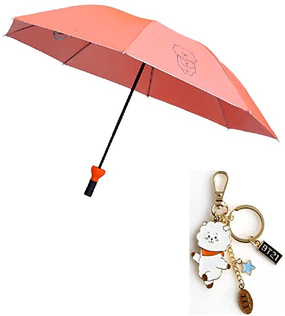 PINGJING BTS Candy Color Foldable with Key Chain,Three Fold Umbrella, Lightweight 8 Ribs Strong Windproof Umbrella, Ergonomic Handle (RJ)