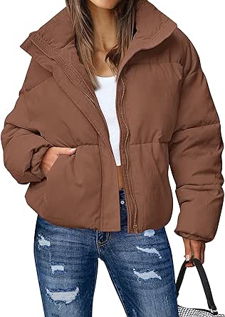 MEROKEETY Women's Winter Long Sleeve Zip Puffer Jacket Stand Collar Baggy Short Coats with Pockets