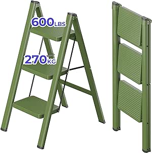 JOISCOPE 3 Step Ladder,Lightweight Folding Step Stool with Anti-Slip Pedal,600 lbs Portable Sturdy Steel Ladder for Adults,Multi Purpose Folding Ladder for Home Kitchen Office,Space Saving, Green