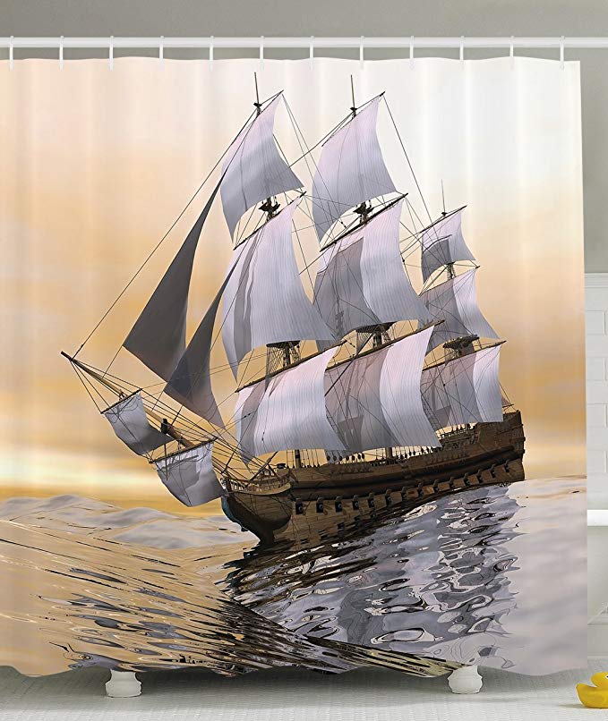 Ambesonne Landscape Art Decor Collection, Sailing Old Merchant Ship on Ocean Sailboats Cloudy Sky Over Sea Adventure Picture, Polyester Fabric Bathroom Shower Curtain Set with Hooks, Gray/Cream/Brown