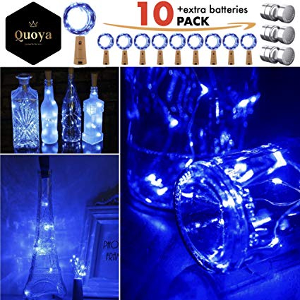 Quoya Wine Bottle Fairy LED String Lights with Cork, Blue, Battery Operated, 2M Copper Wire, 20 Micro LEDs, Perfect for Home Decor (8 Pack  2 Free Lights  Extra Batteries)