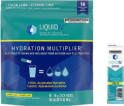Liquid I.V. Hydration Multiplier - Lemon Lime With Natural Flavours - Powder Packets | Electrolyte Drink Mix | Easy Open Single-Serving | Non-GMO | 16 Stick