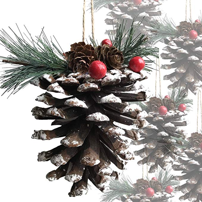 BANBERRY DESIGNS Christmas Pinecones - Set of 12 Large Snow Covered Pine Cone with Berries and Greenery