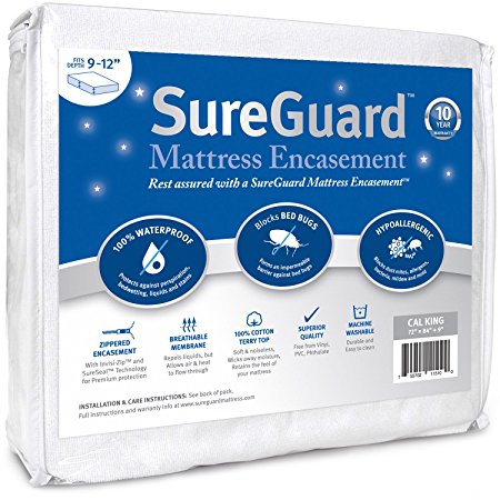 Cal King (9-12 in. Deep) SureGuard Mattress Encasement - 100% Waterproof, Bed Bug Proof, Hypoallergenic - Premium Zippered Six-Sided Cover - 10 Year Warranty