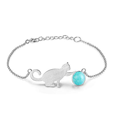 Lotus Fun S925 Sterling Silver Bracelet Cat Playing Balls Adjustable Bracelets with Chain Length 6.5''-7.6'', Handmade Unique Jewelry Gifts for Women and Teen Girl