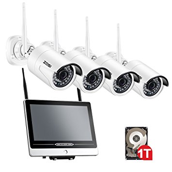 ZOSI 4CH 1080p Wireless Security Camera with Monitor,12.5 Inch LCD Monitor DVR/NVR Surveillance System with 1TB Hard Drive Built-in,4PCS 2.0MP 1080p Outdoor/Indoor Wi-Fi Camera ,Smart Motion Detection