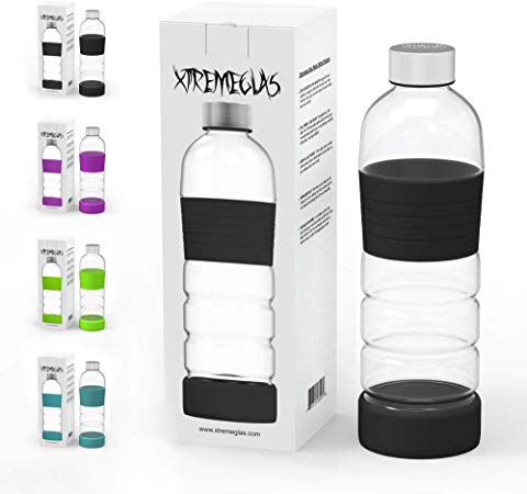 Xtremeglas 32 oz Glass Water Bottle with Silicone Sleeves 1L Leak Proof Spill Proof Lid BPA Free Unique Design Recyclable Eco Friendly ONE Bottle PER Package!