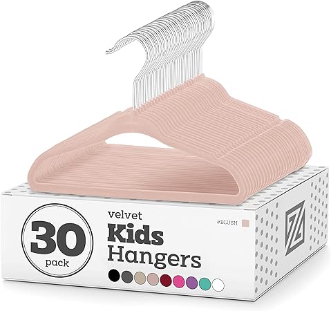 Zober Velvet Kids Hangers for Closet - Pack of 30 Non Slip Childrens Hangers for Shirts, Pants & Dresses w/Swivel Hook - Durable Kids Clothes Hanger w/Notches - Small Hangers - Blush