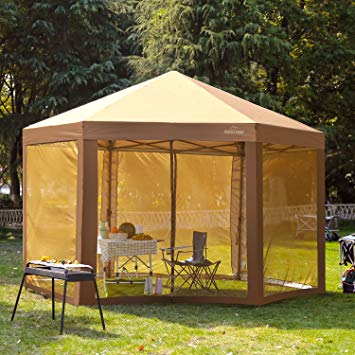 SUNTIME Outdoor Patio Hexagon Gazebo, Pop Up Instant Canopy, Garden Backyard Party Tent with Sidewalls(6.6' x 9.2'), Coffee Brown