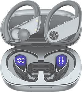 Wireless Earbuds Bluetooth Headphones 110Hrs Playback Sports Ear buds with 2200mAh Charging Case & Dual Power Display Over-Ear Stereo Bass Earphones with Earhooks for Running Workout Grey