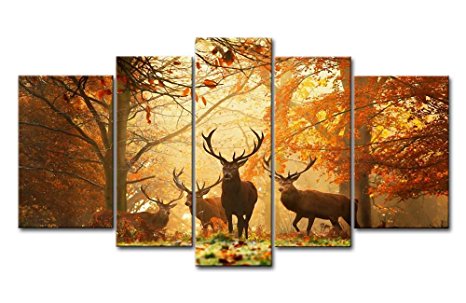 Brown 5 Panel Wall Art Painting Deer In Autumn Forest Pictures Prints On Canvas Animal The Picture Decor Oil For Home Modern Decoration Print