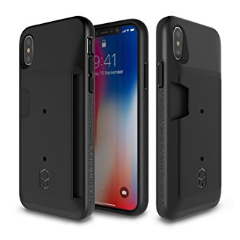 iPhone X Wallet Case, Patchworks [Level Wallet] Up To 3 Credit Cards ID Holder Stand Feature Hybrid Material Military Grade Drop Protection Card Slot Grip Protective Cover Case for iPhone X / 10 Black