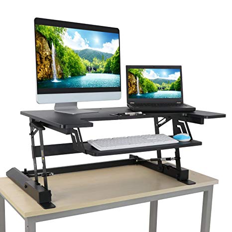 ZENY 36'' Height Adjustable Standing Desk Sit to Stand Gas Spring Riser Converter Workstation Dual Monitor, Sit Stand Desk Riser Stand Up Office Desk,Included Keyboard Tray(Black)