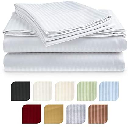 Crystal Trading 4-Piece Bed Sheet Set - Dobby Stripe - Microfiber - (Full, White)