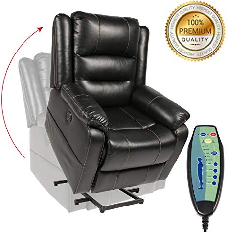 PieDle Electric Power Lift Recliner Chair,Recliners for Elderly, Home Sofa Chairs with Heat & Massage, Remote Control, 3 Positions, 2 Side Pockets and USB Ports (Leather, Black)