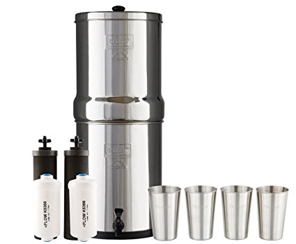 Royal Berkey Water Filter System w/ 2 Black Purifier Filters (3 Gallons) Bundled w/ 1-set of Fluoride Filters (PF2) and 1-set of 4 Boroux 12 oz Stainless Steel Cups for drinking the best tasting water